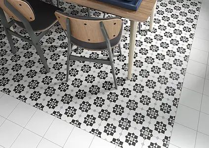 Background tile, Effect faux encaustic tiles, Color black & white, Glazed porcelain stoneware, 19.7x19.7 cm, Finish matte