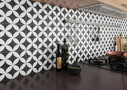 Background tile, Effect faux encaustic tiles, Color black & white, Glazed porcelain stoneware, 19.7x19.7 cm, Finish matte