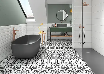 Background tile, Effect faux encaustic tiles, Color black & white, Glazed porcelain stoneware, 19.7x19.7 cm, Finish matte
