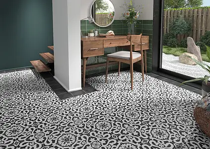 Background tile, Effect faux encaustic tiles, Color black & white, Glazed porcelain stoneware, 19.7x19.7 cm, Finish matte