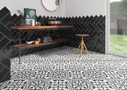 Background tile, Effect faux encaustic tiles, Color black & white, Glazed porcelain stoneware, 19.7x19.7 cm, Finish matte