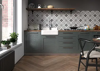 Background tile, Effect faux encaustic tiles, Color black & white, Glazed porcelain stoneware, 19.7x19.7 cm, Finish matte