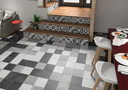 Background tile, Effect faux encaustic tiles, Color black & white, Glazed porcelain stoneware, 19.7x19.7 cm, Finish matte