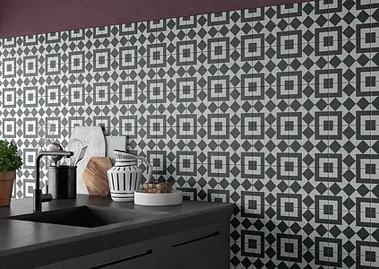 Background tile, Effect faux encaustic tiles, Color black & white, Glazed porcelain stoneware, 19.7x19.7 cm, Finish matte