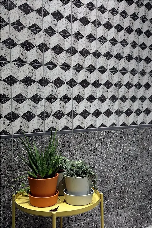 Background tile, Effect faux encaustic tiles,terrazzo, Color black & white, Glazed porcelain stoneware, 20x20 cm, Finish antislip