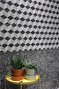 Grundflise, Effekt marokkanske fliser,terrazzo, Farve sort-hvid, Glaseret porcelænsstentøj, 20x20 cm, Overflade skridsikker