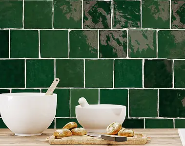 Background tile, Effect unicolor, Color green, Style handmade,zellige, Ceramics, 10x10 cm, Finish glossy