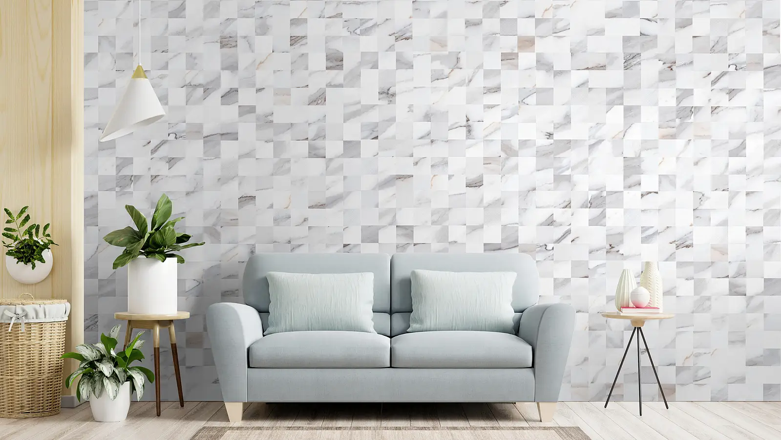 Mosaic effect tiles, Effect other marbles, Color white, Glazed porcelain stoneware, 33x66 cm, Finish Honed