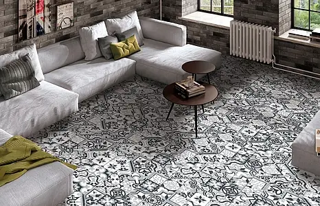 Background tile, Effect faux encaustic tiles, Color black & white, Style patchwork, Glazed porcelain stoneware, 25x25 cm, Finish Honed