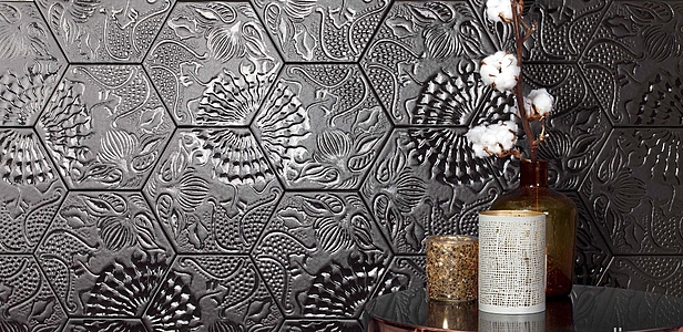 Background tile, Effect unicolor, Color black, Glazed porcelain stoneware, 22x25 cm, Finish 3D