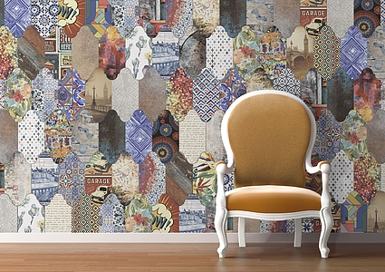 Bakgrundskakel, Färg flerfärgade, Stil patchwork,pop art, Glaserad granitkeramik, 16x33 cm, Yta matt