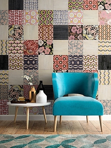 Bakgrundskakel, Textur trä, Färg flerfärgade, Stil patchwork, Glaserad granitkeramik, 25x25 cm, Yta matt