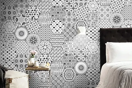 Bakgrunnsflis, Farge grå, Stil orientalsk,patchwork, Glasert porselenssteintøy, 22x25 cm, Overflate matt