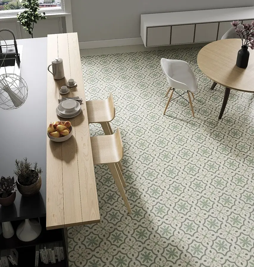 Background tile, Effect faux encaustic tiles, Color green, Glazed porcelain stoneware, 25x25 cm, Finish Honed