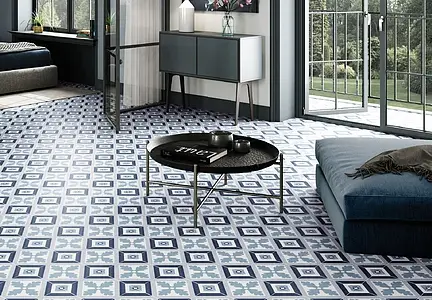 Background tile, Effect faux encaustic tiles, Color sky blue, Glazed porcelain stoneware, 25x25 cm, Finish Honed