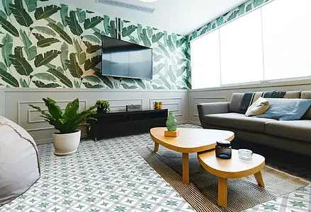 Background tile, Effect faux encaustic tiles, Color green, Glazed porcelain stoneware, 25x25 cm, Finish Honed