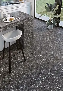 Effekt terrazzo, Farve sort, Grundflise, Glaseret porcelænsstentøj, 66x66 cm, Overflade mat