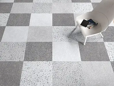 Bakgrunnsflis, Effekt terrazzo, Farge grå, Glasert porselenssteintøy, 66x66 cm, Overflate matt