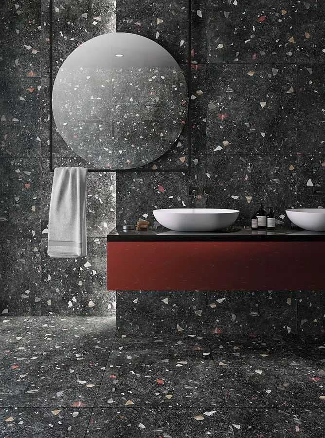 Background tile, Effect terrazzo, Color black, Glazed porcelain stoneware, 66x66 cm, Finish Honed