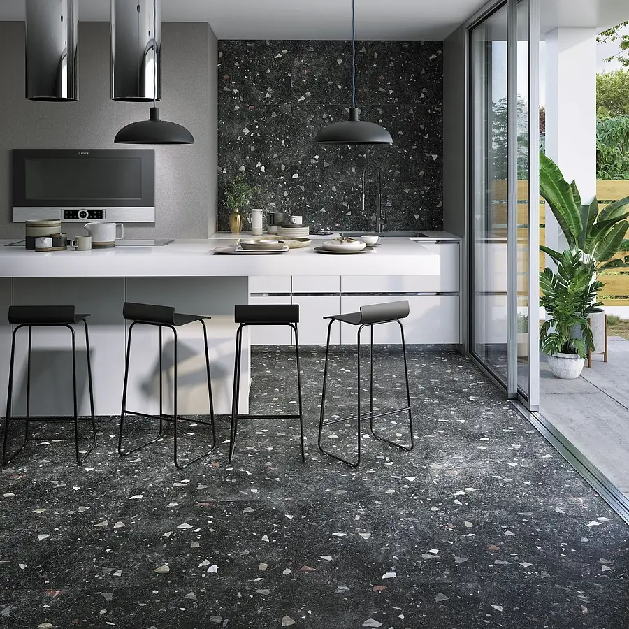 Background tile, Effect terrazzo, Color black, Glazed porcelain stoneware, 66x66 cm, Finish Honed