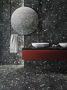 Grundflise, Effekt terrazzo, Farve sort, Glaseret porcelænsstentøj, 66x66 cm, Overflade mat