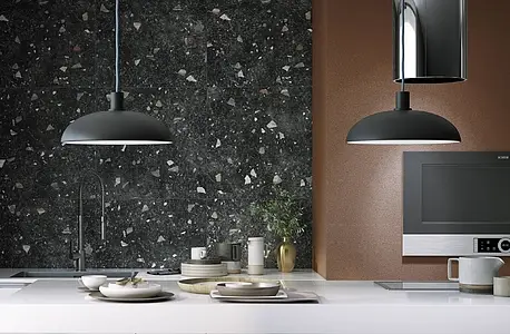 Effect terrazzo, Color black, Background tile, Glazed porcelain stoneware, 66x66 cm, Finish matte 