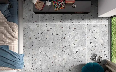 Hintergrundfliesen, Optik terrazzo, Farbe graue, Glasiertes Feinsteinzeug, 66x66 cm, Oberfläche matte
