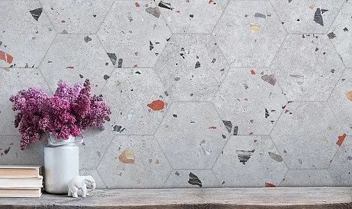 Background tile, Effect terrazzo, Color grey, Glazed porcelain stoneware, 22x25 cm, Finish matte