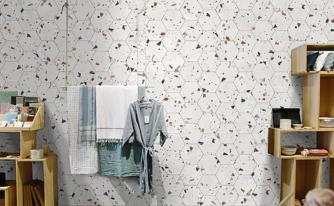 Bakgrunnsflis, Effekt terrazzo, Farge hvit, Glasert porselenssteintøy, 22x25 cm, Overflate matt