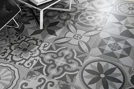 Effect faux encaustic tiles, Color black & white, Style patchwork, Background tile, Glazed porcelain stoneware, 25x25 cm, Finish Honed