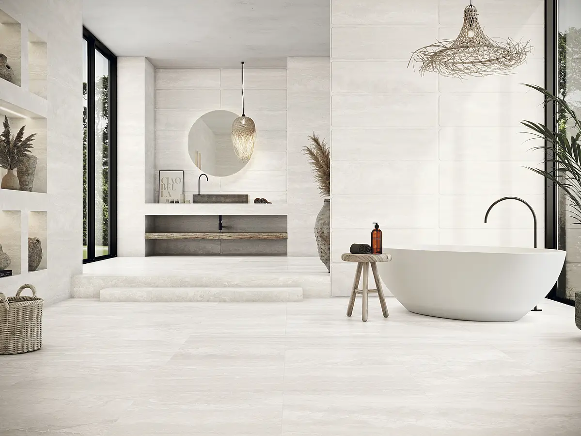 Background tile, Effect travertine, Color grey,white, Glazed porcelain stoneware, 59.5x59.5 cm, Finish matte