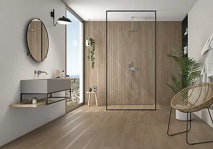 Background tile, Effect wood, Color beige,brown, Glazed porcelain stoneware, 21.8x84 cm, Finish antislip