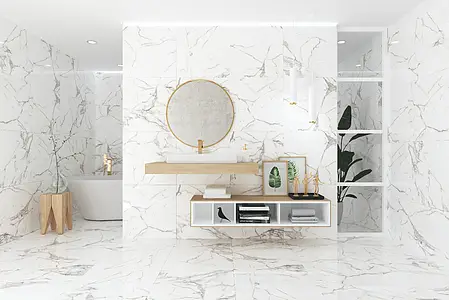 Grundflise, Effekt anden marmor, Farve hvid, Glaseret porcelænsstentøj, 60x120 cm, Overflade poleret