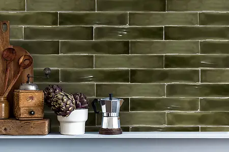 Background tile, Color green, Style zellige, Ceramics, 5x25 cm, Finish glossy
