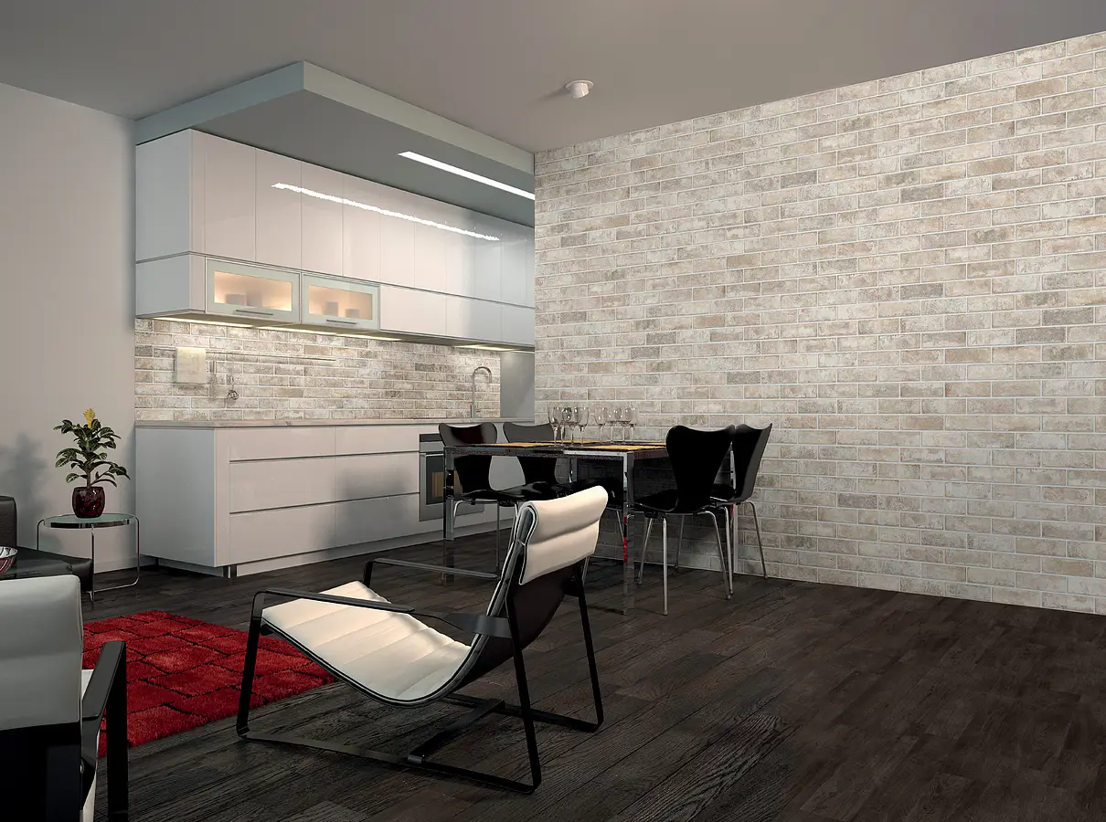 Background tile, Effect brick, Color beige, Glazed porcelain stoneware, 7.4x31 cm, Finish antislip