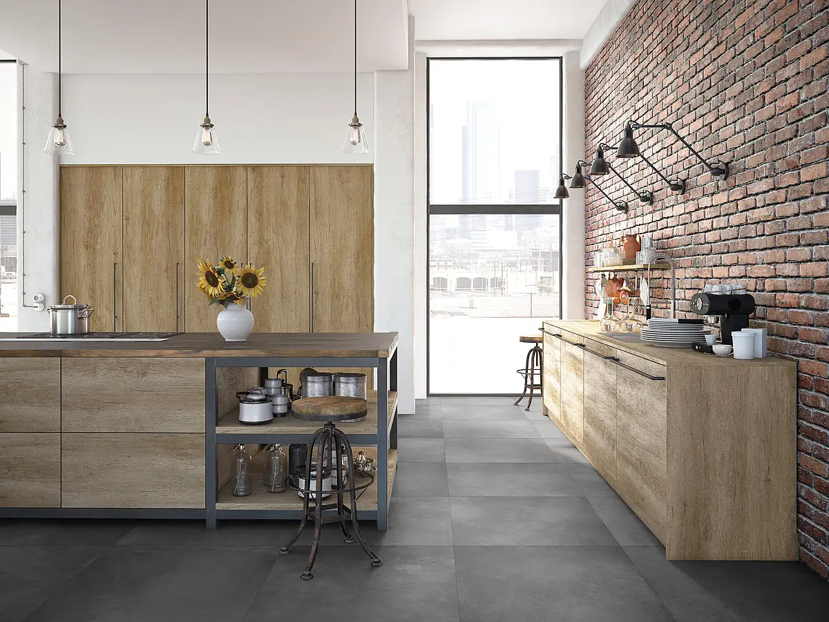 Background tile, Effect concrete, Color black, Glazed porcelain stoneware, 81x81 cm, Finish antislip