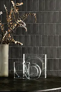 Background tile, Effect brick, Color black, Style handmade,designer, Glazed porcelain stoneware, 7x14 cm, Finish matte