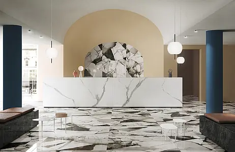 Grundflise, Effekt sten,other marbles, Farve sort-hvid, Glaseret porcelænsstentøj, 120x260 cm, Overflade blank