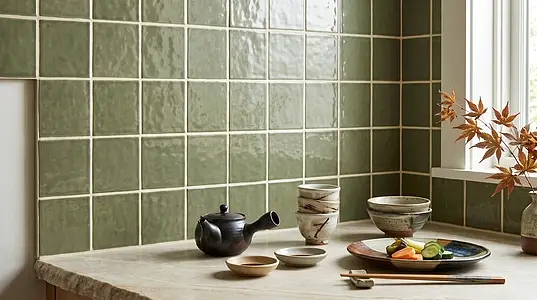 Background tile, Color green, Ceramics, 13x13 cm, Finish glossy