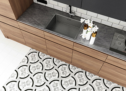 Black & White Ceramic Tiles produced by Dune Ceramica, faux encaustic tiles