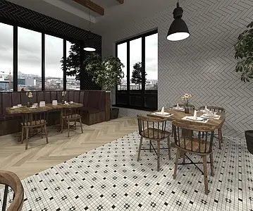 Mosaic effect tiles, Color black & white, Glazed porcelain stoneware, 20x20 cm, Finish antislip