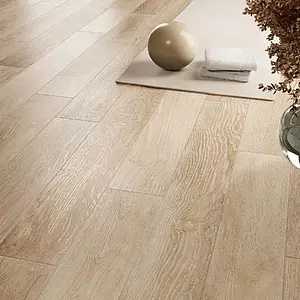 Piastrella di fondo, Effetto legno, Colore beige, Gres porcellanato smaltato, 15x120 cm, Superficie antiscivolo