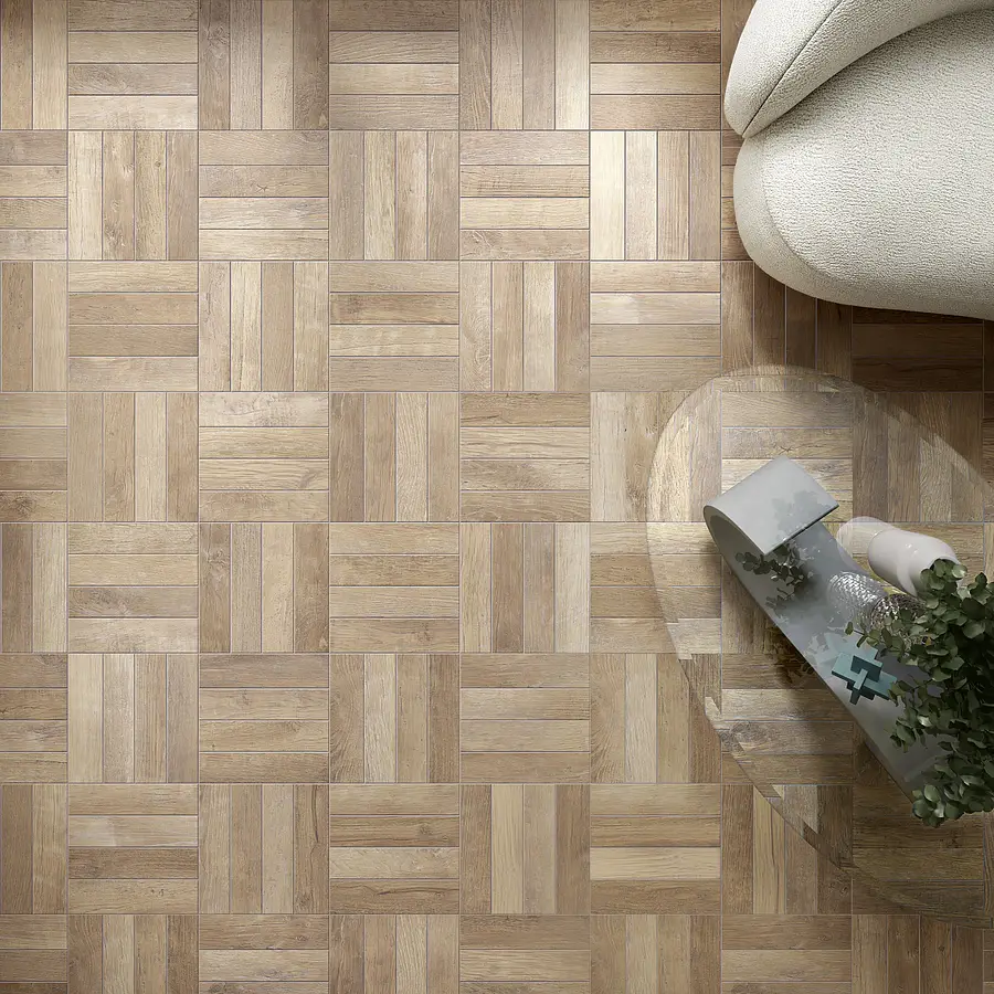 Background tile, Effect wood, Color beige,grey,brown, Glazed porcelain stoneware, 60x60 cm, Finish antislip