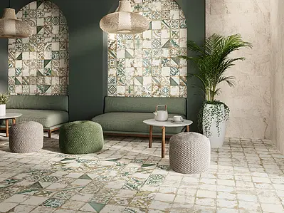 Azulejo base, Color verde,beige, Estilo patchwork, Gres porcelánico esmaltado, 58x58 cm, Acabado mate