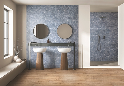 Background tile, Effect faux encaustic tiles, Color sky blue, Glazed porcelain stoneware, 22x25 cm, Finish antislip