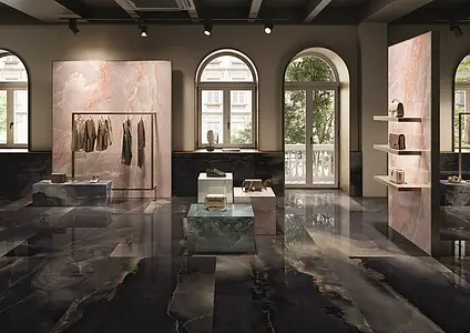 Bakgrunnsflis, Effekt stein,onyx, Farge svart, Glasert porselenssteintøy, 120x278 cm, Overflate polert