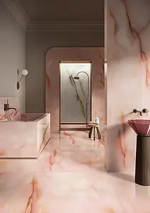 Taustalaatta, Teema onyx, Väri vaaleanpunainen väri, Lasitettu porcellanato-laatta, 120x278 cm, Pinta kiillotettu