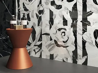 Grundflise, Effekt sten,other marbles, Farve sort-hvid, Glaseret porcelænsstentøj, 60x120 cm, Overflade poleret