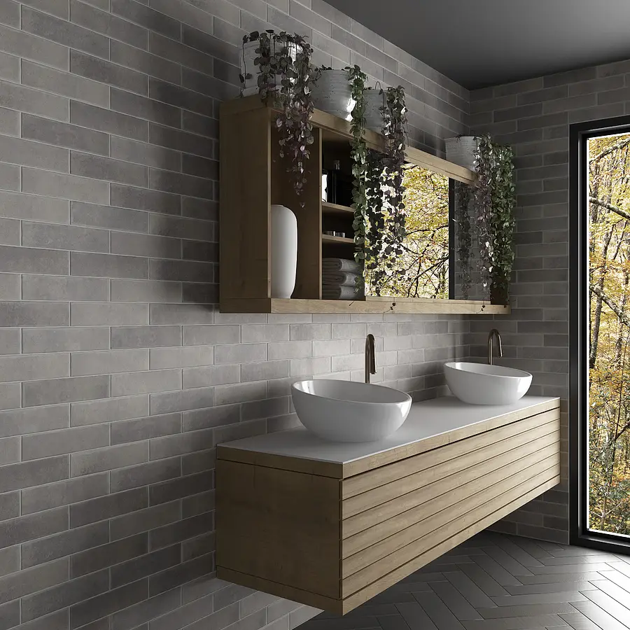 Background tile, Effect brick, Color grey, Glazed porcelain stoneware, 6x24.6 cm, Finish antislip