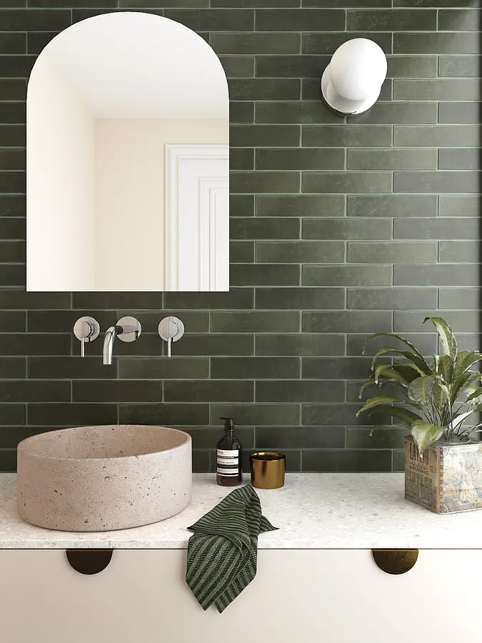 Background tile, Effect brick, Color green, Glazed porcelain stoneware, 6x24.6 cm, Finish antislip